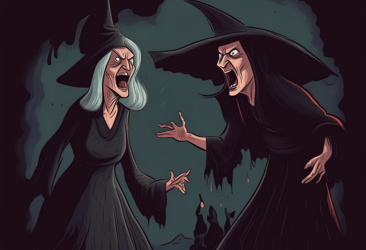 A horrible angry witch shouting at black witch in a dark room
