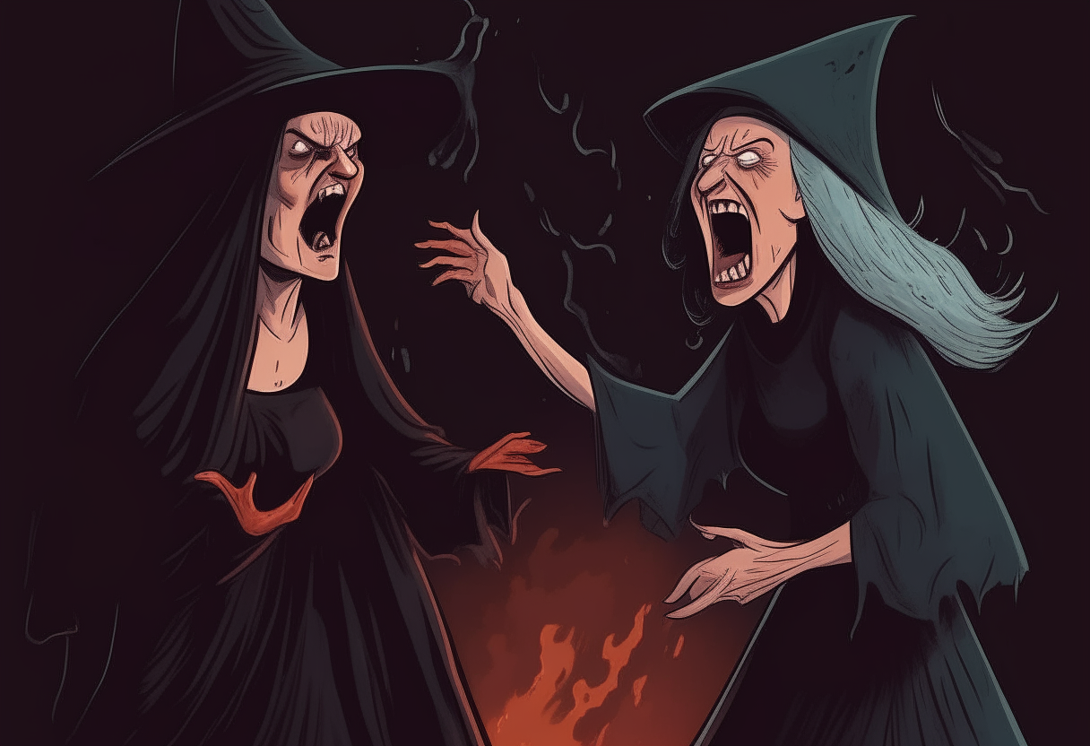 A horrible angry witch shouting at black witch in a dark room
