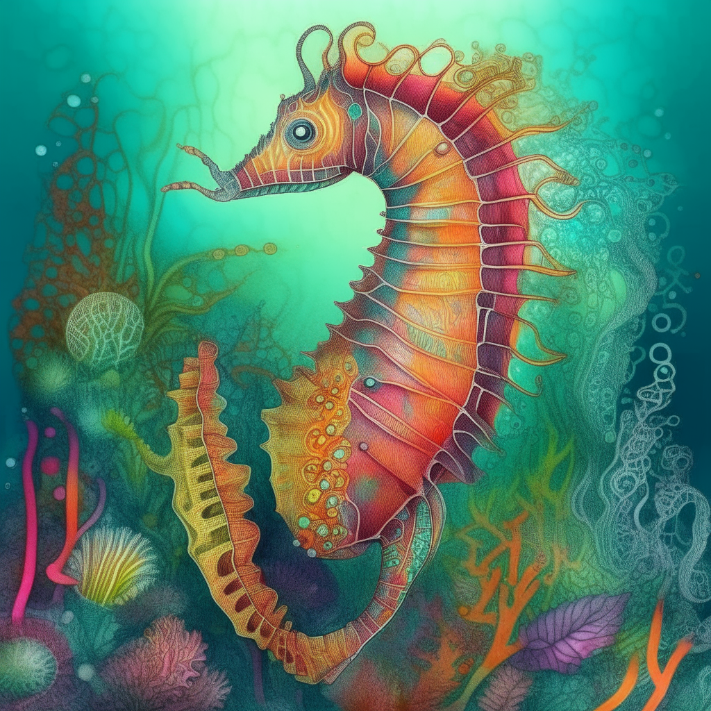 a painting of a sea horse surrounded by corals