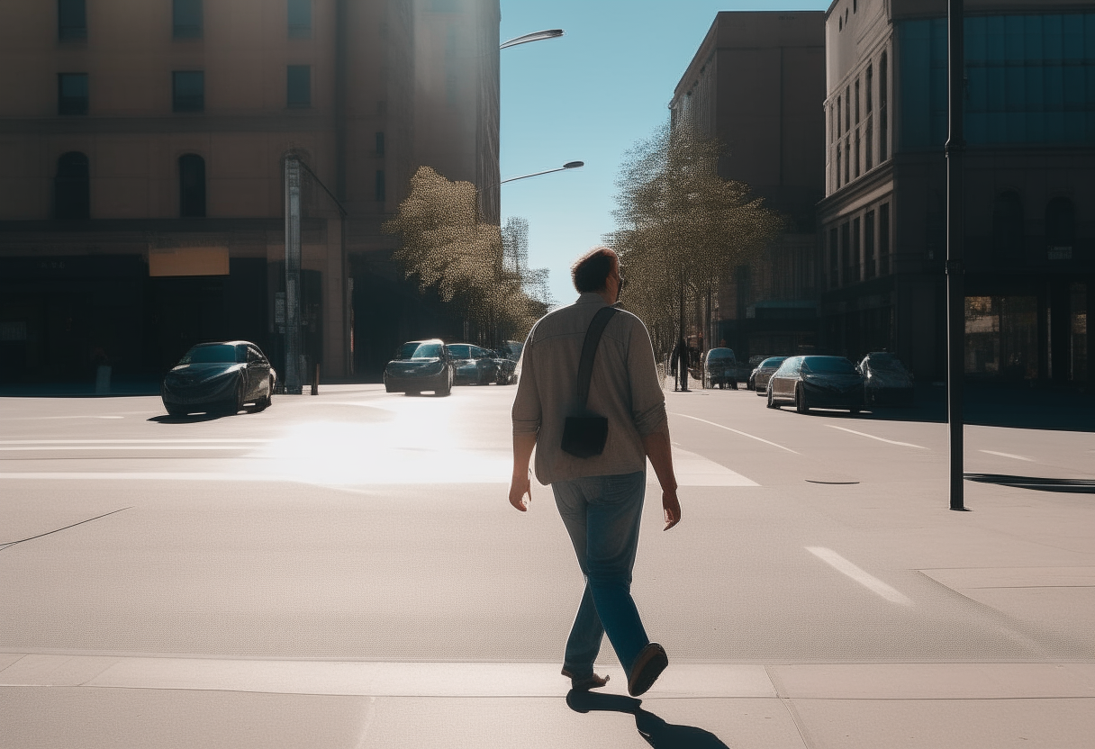 A man walking down a city street on a sunny day, photo