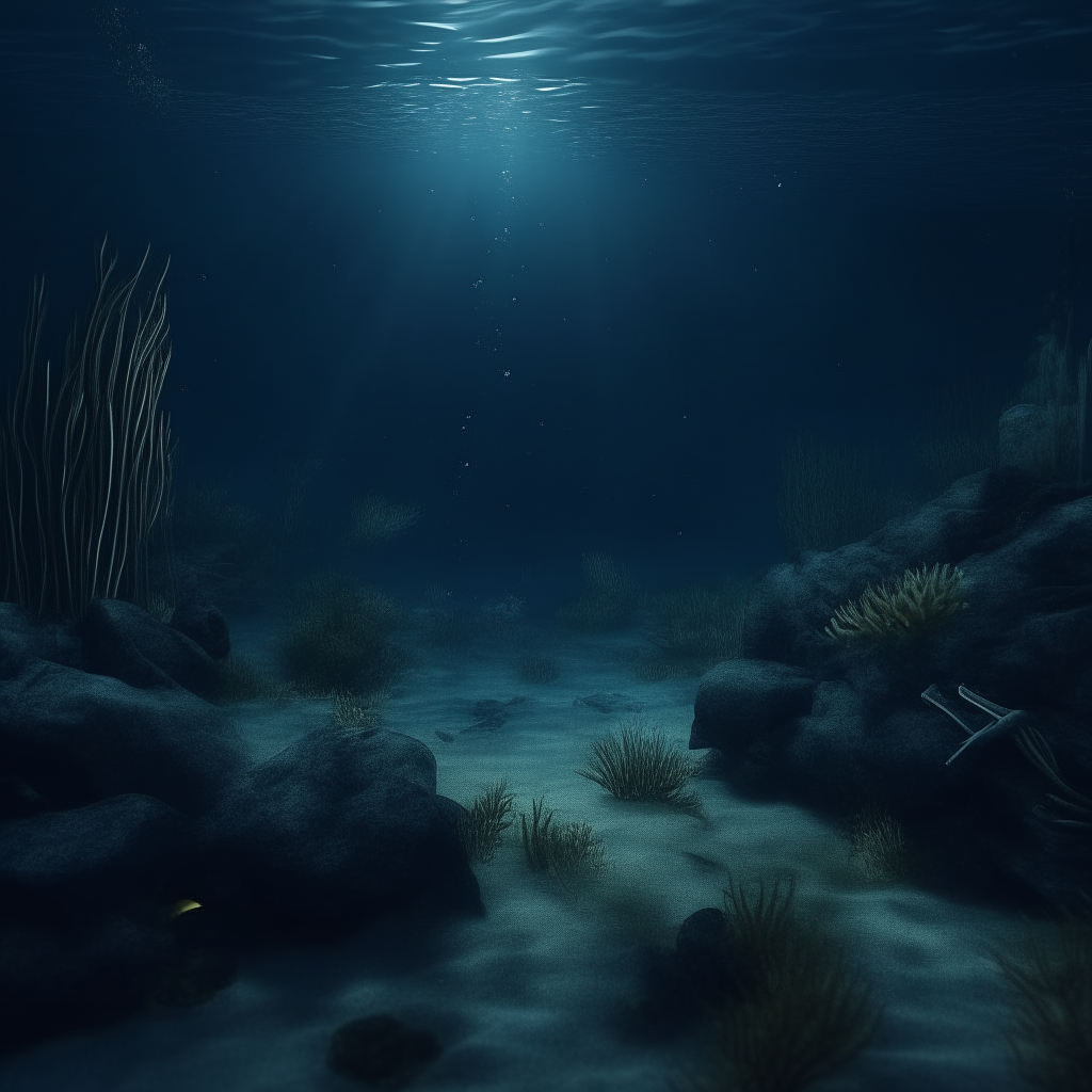 a dark underwater scene at night, photorealistic