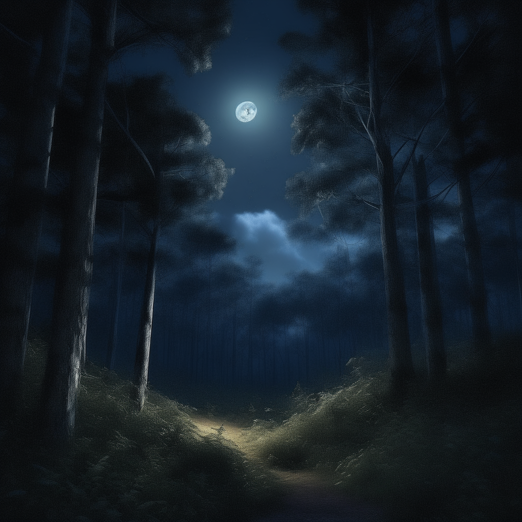 a moonlit forest at night, photorealistic