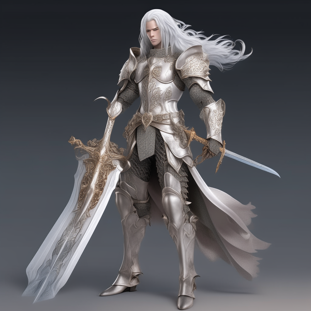 a male anime character dressed in ornate silver armor with a long white hair and sword, full body view, photorealistic