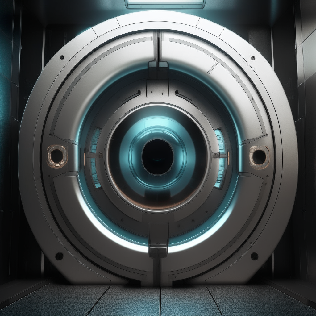 a tall metallic door with a circular electronic peephole on a futuristic spaceship