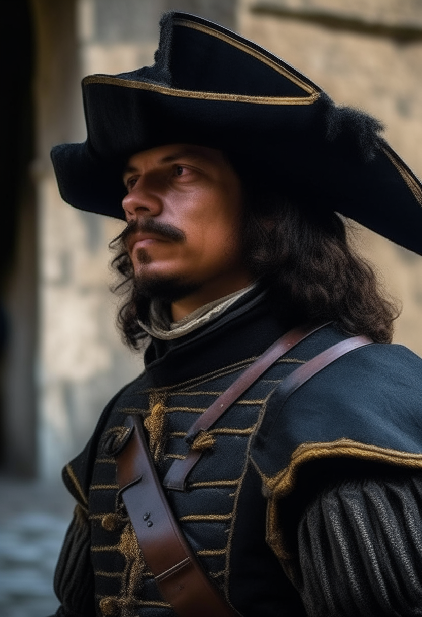 um soldado holandês do século XVII com armadura e chapéu preto, em pé com os braços abertos em frente a um castelo antigo