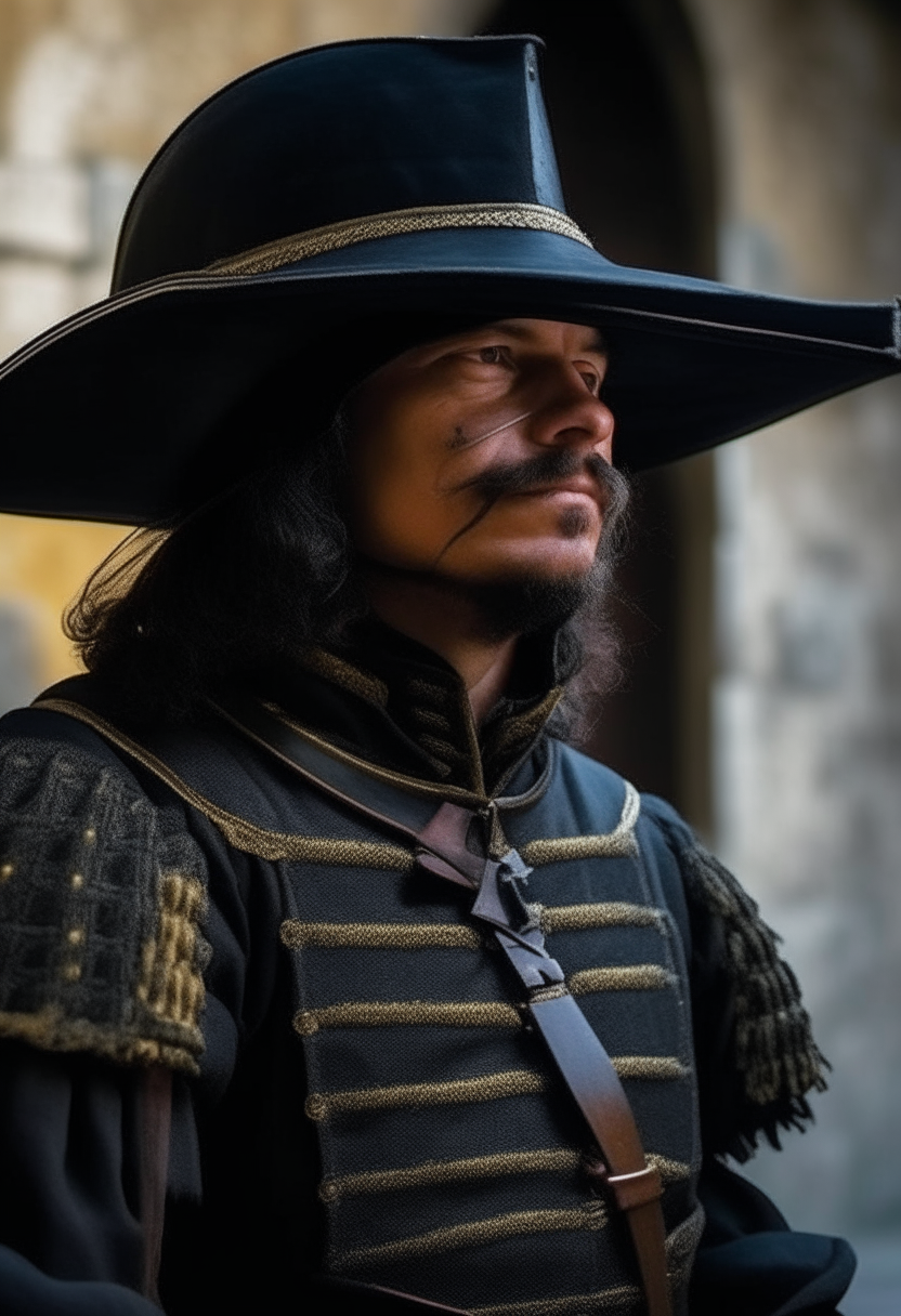 um soldado holandês do século XVII com armadura e chapéu preto, em pé com os braços bem abertos em frente a um castelo antigo