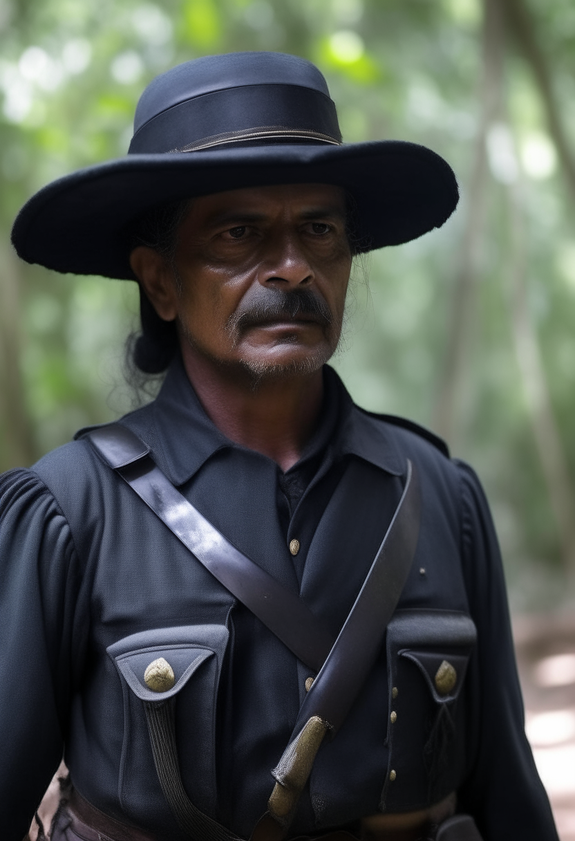 um soldado holandês do século 17 em pé, usando armadura preta e chapéu preto, com ambos os braços totalmente estendidos horizontalmente para os lados em um ângulo reto com o corpo, as palmas das mãos viradas para frente