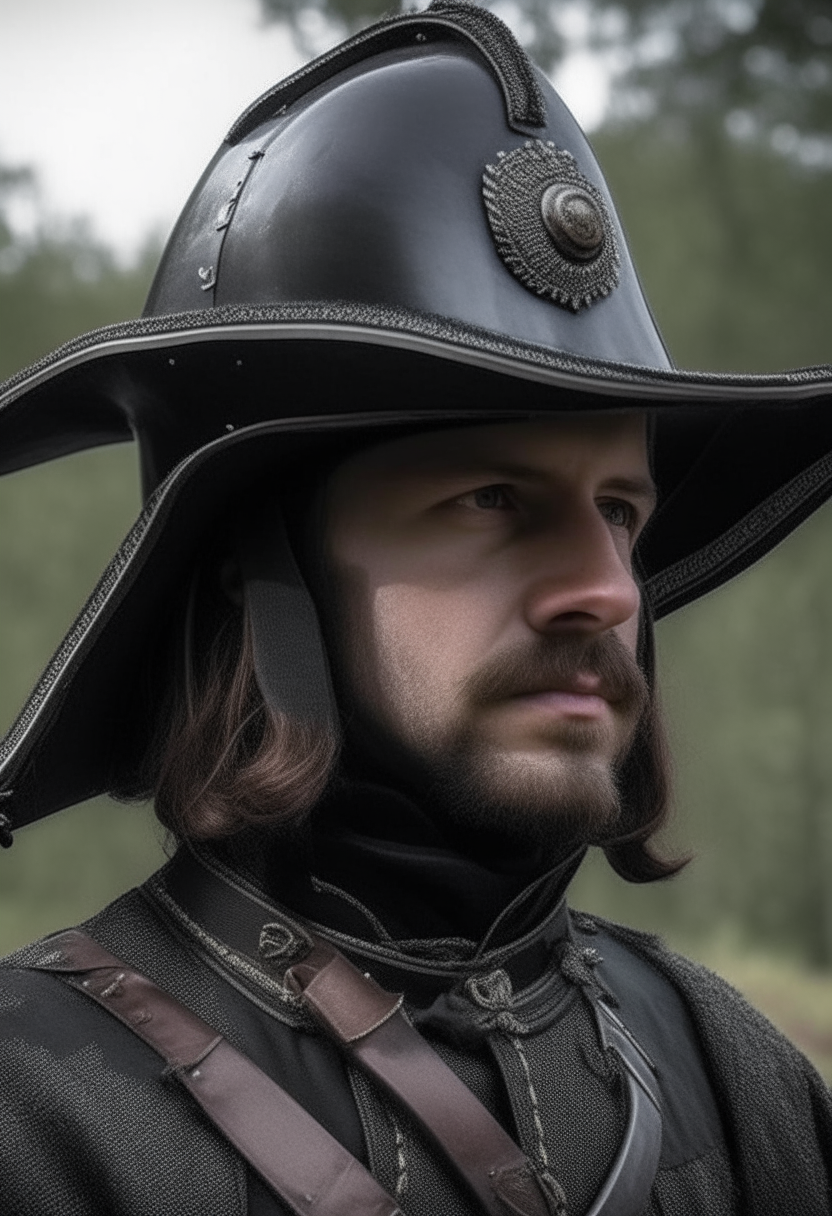 um soldado holandês em pé usando armadura de metal do século 17 e chapéu preto largo, visto da cintura para cima