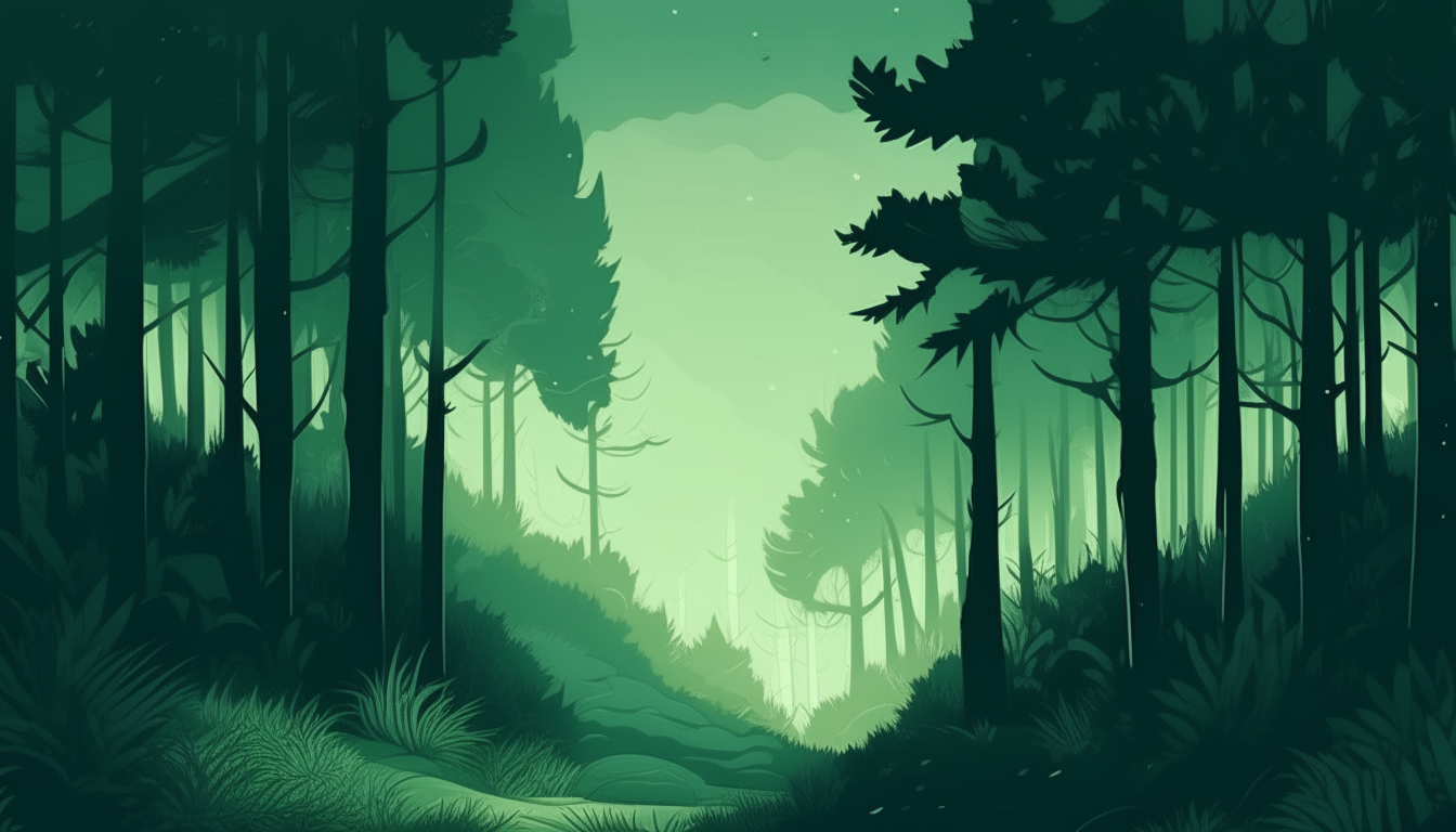 Dark green forest landscape, 2D drawing style