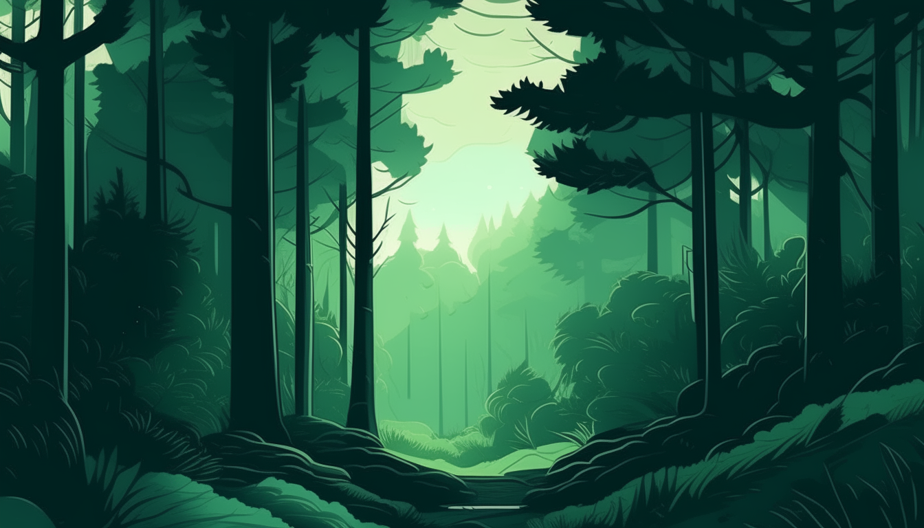 Dark green forest landscape, 2D drawing style