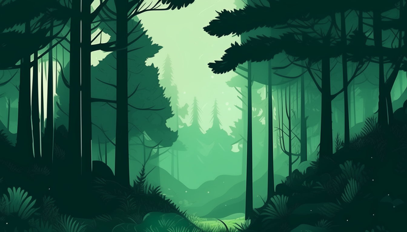 Dark green forest landscape, 2D drawing style