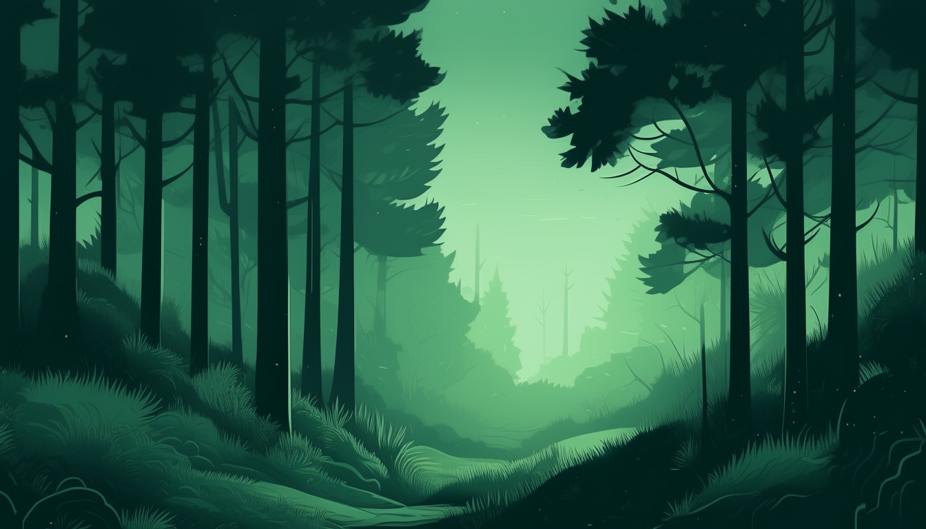 Dark green forest landscape, 2D drawing style
