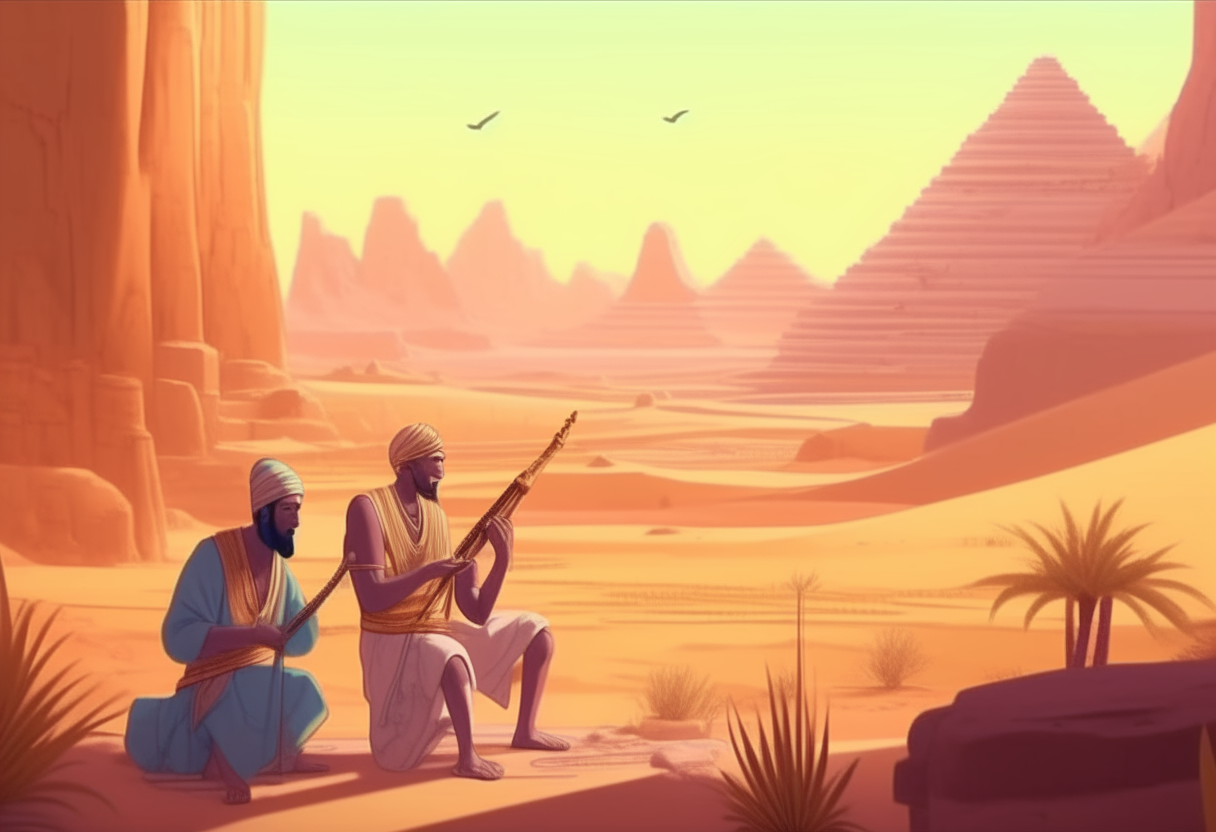 “A man in Egypt playing a flute in the dessert, and another man playing a piano, soft ambient lighting, anime , dessert background”