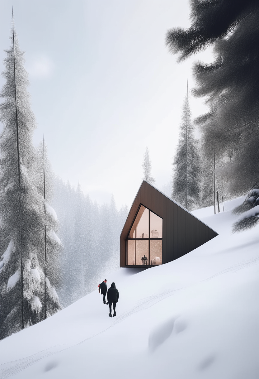 A clean, minimalist view of a mountain cabin amid a winter forest, with skiers in the distance