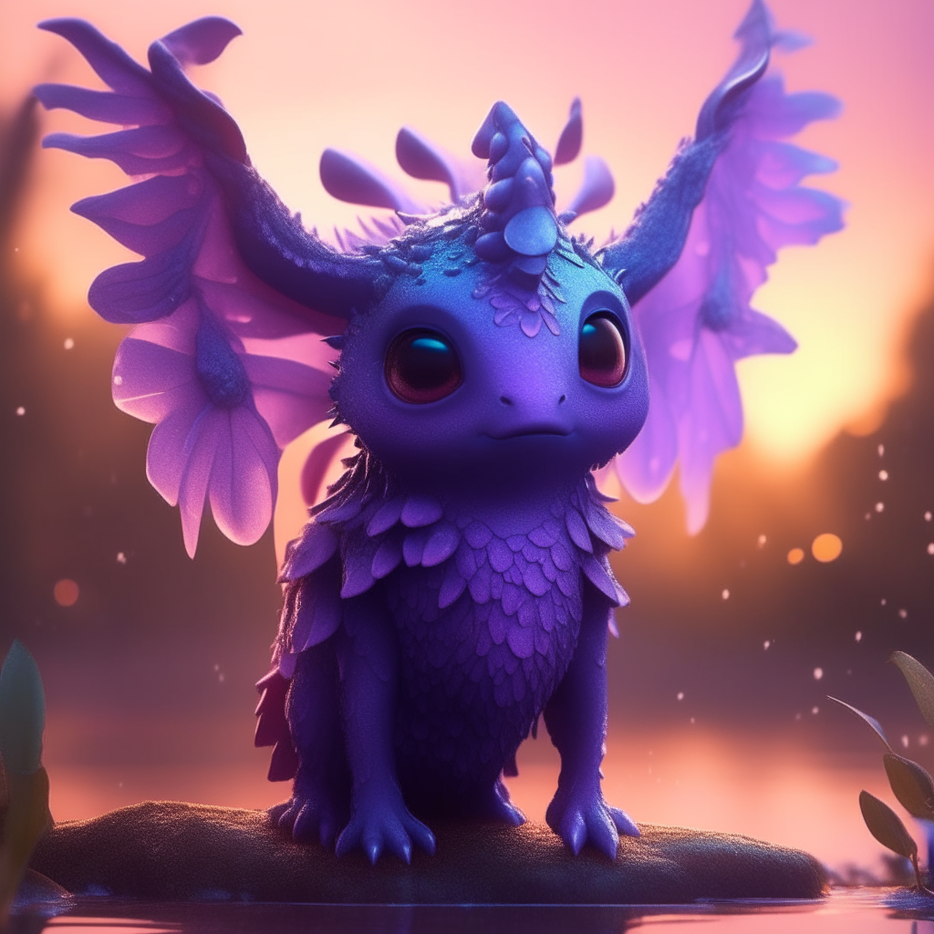 lilac and violet animal, tender fantastic with small wings, shiny and shiny skin, realistic eyes, vivid colors, drops of water on the leaves, sunset