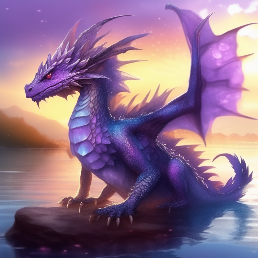 lilac and violet water animal, tender fantastic with small wings, shiny and shiny skin, realistic eyes, vivid colors, drops of water on the leaves, sunset, glass