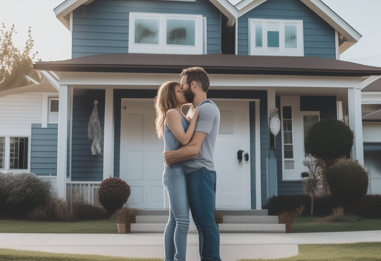 A young heterosexual couple in love standing in front of their new two story suburban home, holding hands and kissing