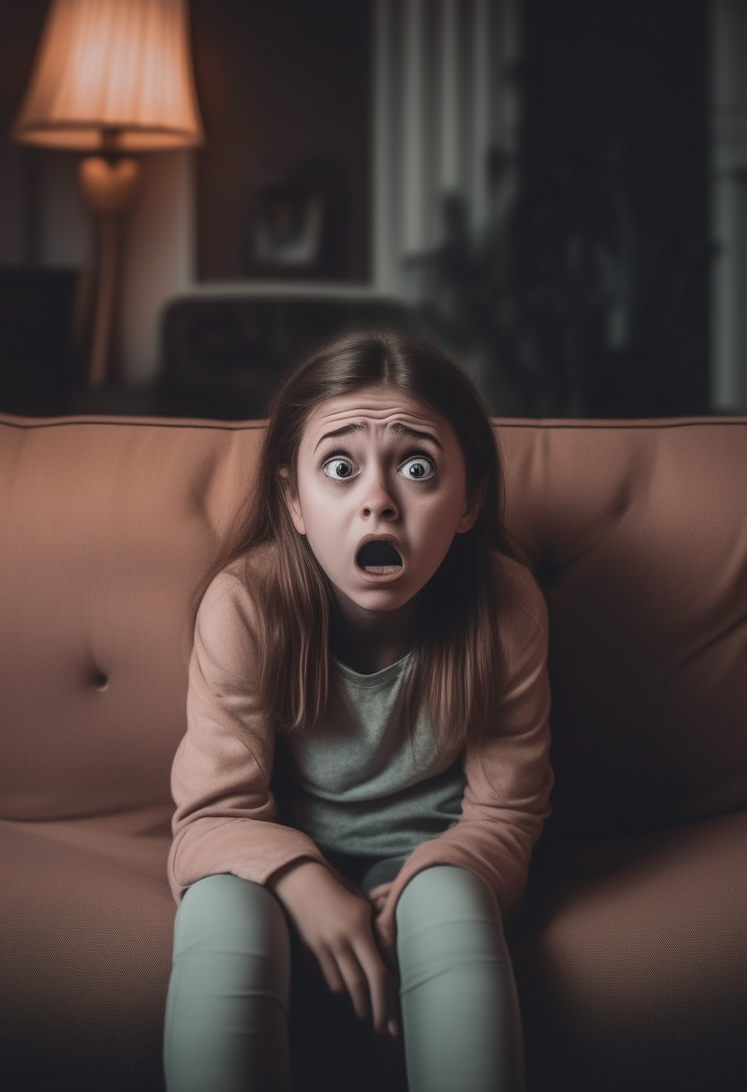 girl sitting on the sofa with a scared face