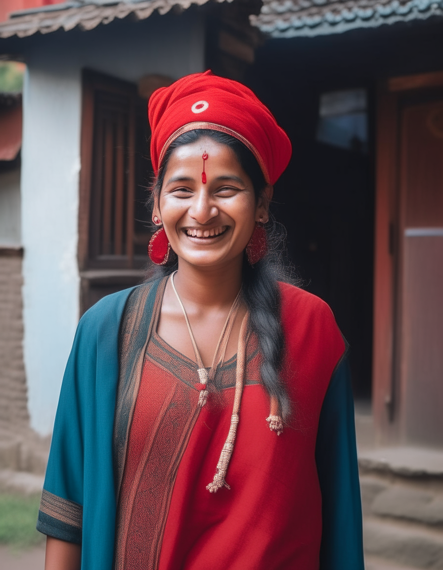 A Nepali woman smiles while wearing a traditional Magar wedding dress and baseball cap. She walks in front of a stylish traditional house.