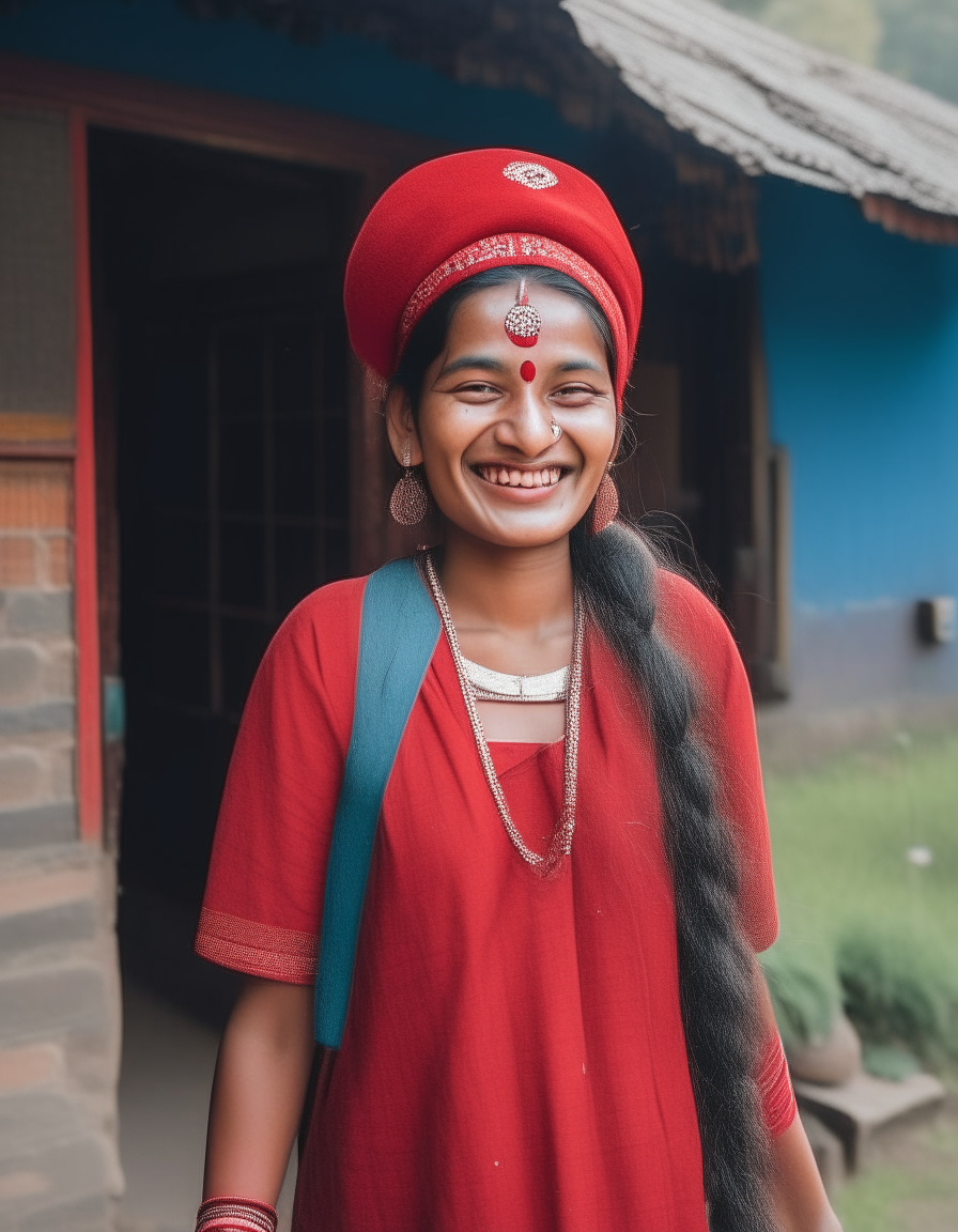 A Nepali woman smiles while wearing a traditional Magar wedding dress and baseball cap. She walks in front of a stylish traditional house.