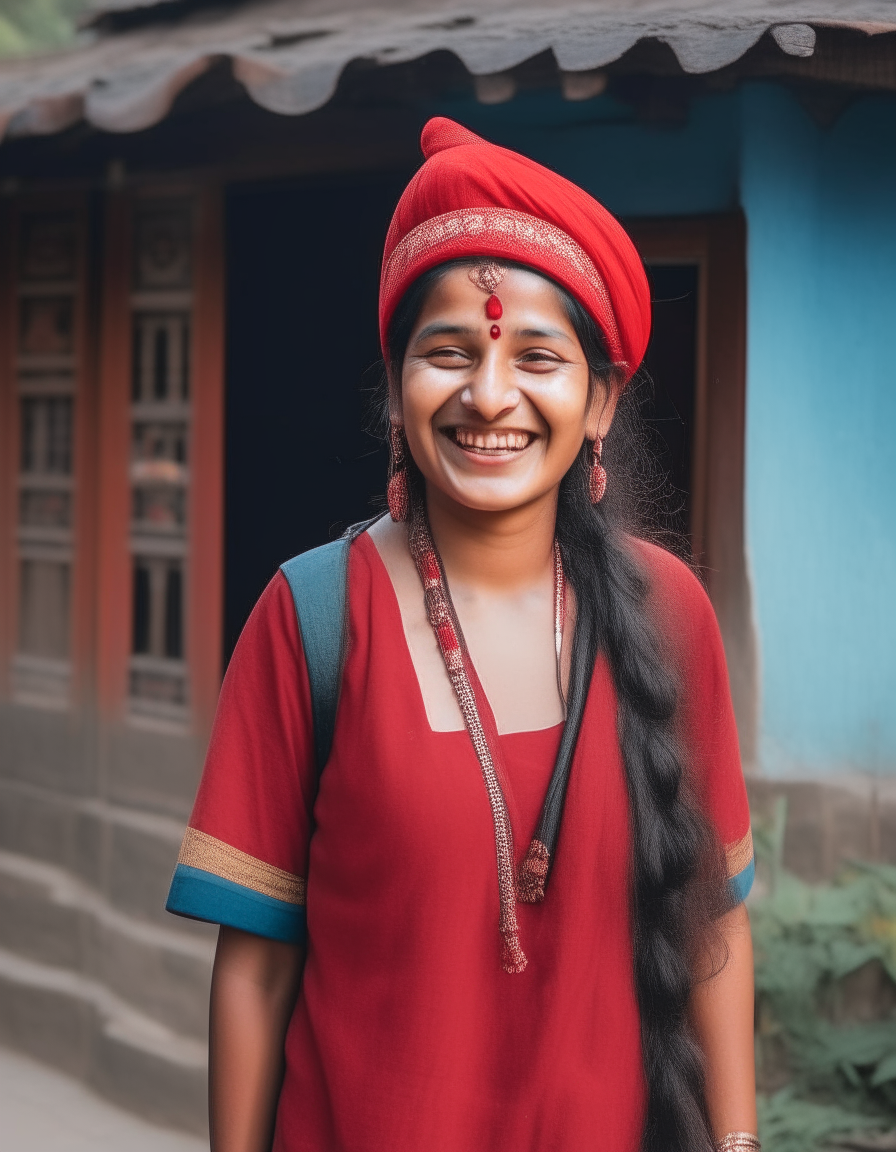A Nepali woman smiles while wearing a traditional Magar wedding dress and baseball cap. She walks in front of a stylish traditional house.