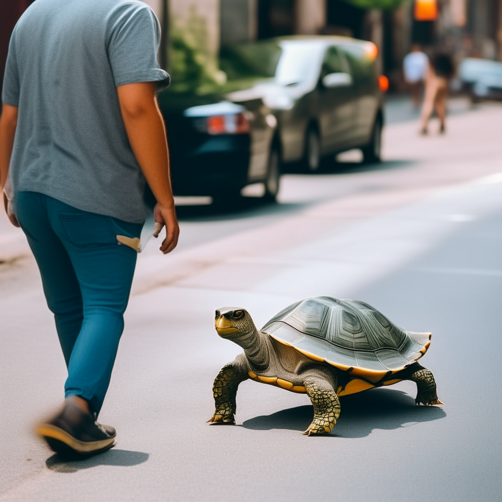 A man walks down the street with a turtle on a leash