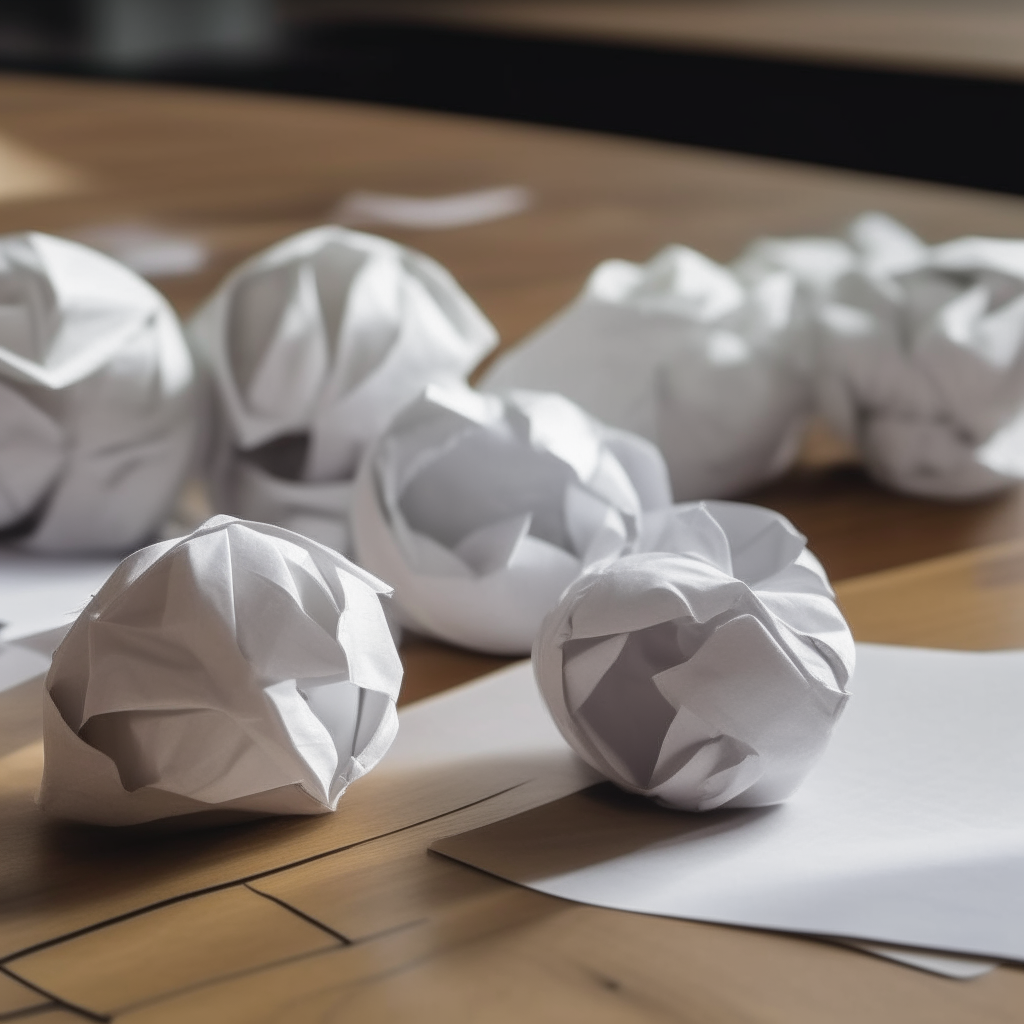 A close up view of crumpled paper balls on a desk