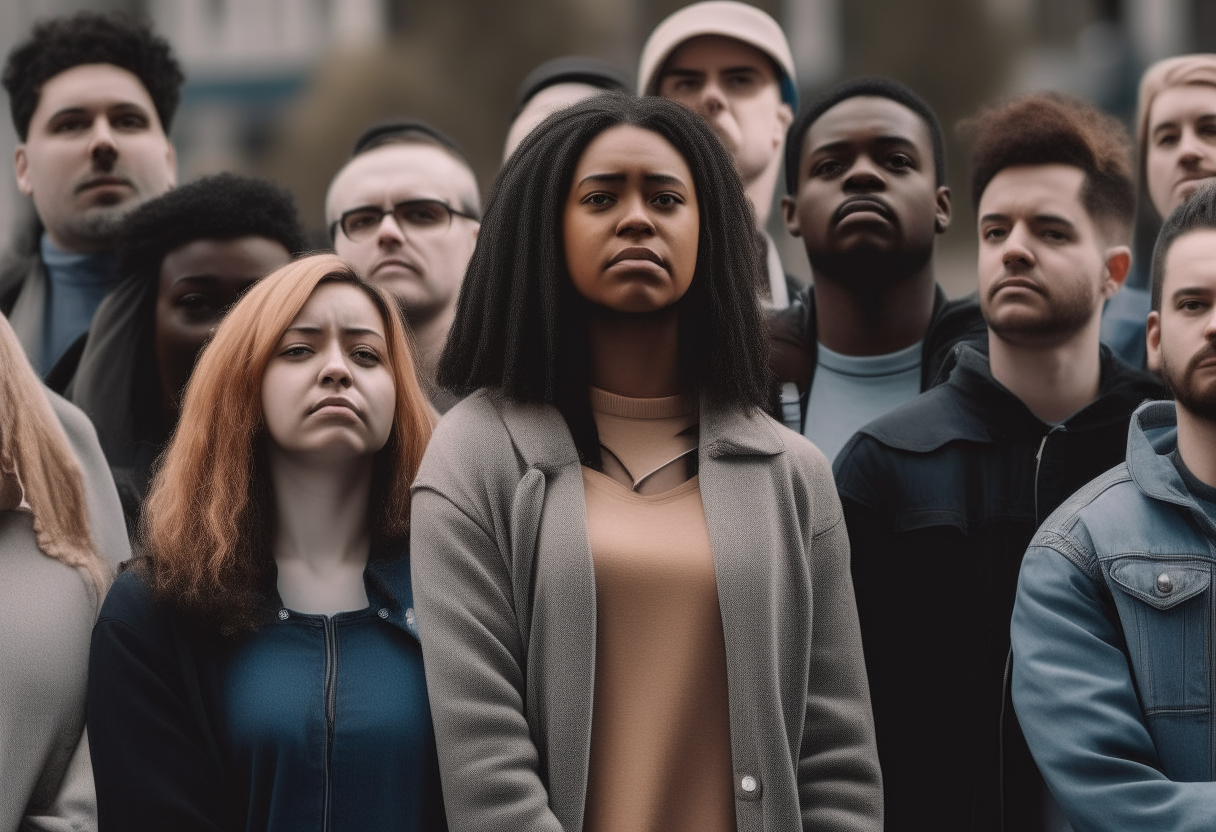 a group of people standing together, determined expressions, their voices rising