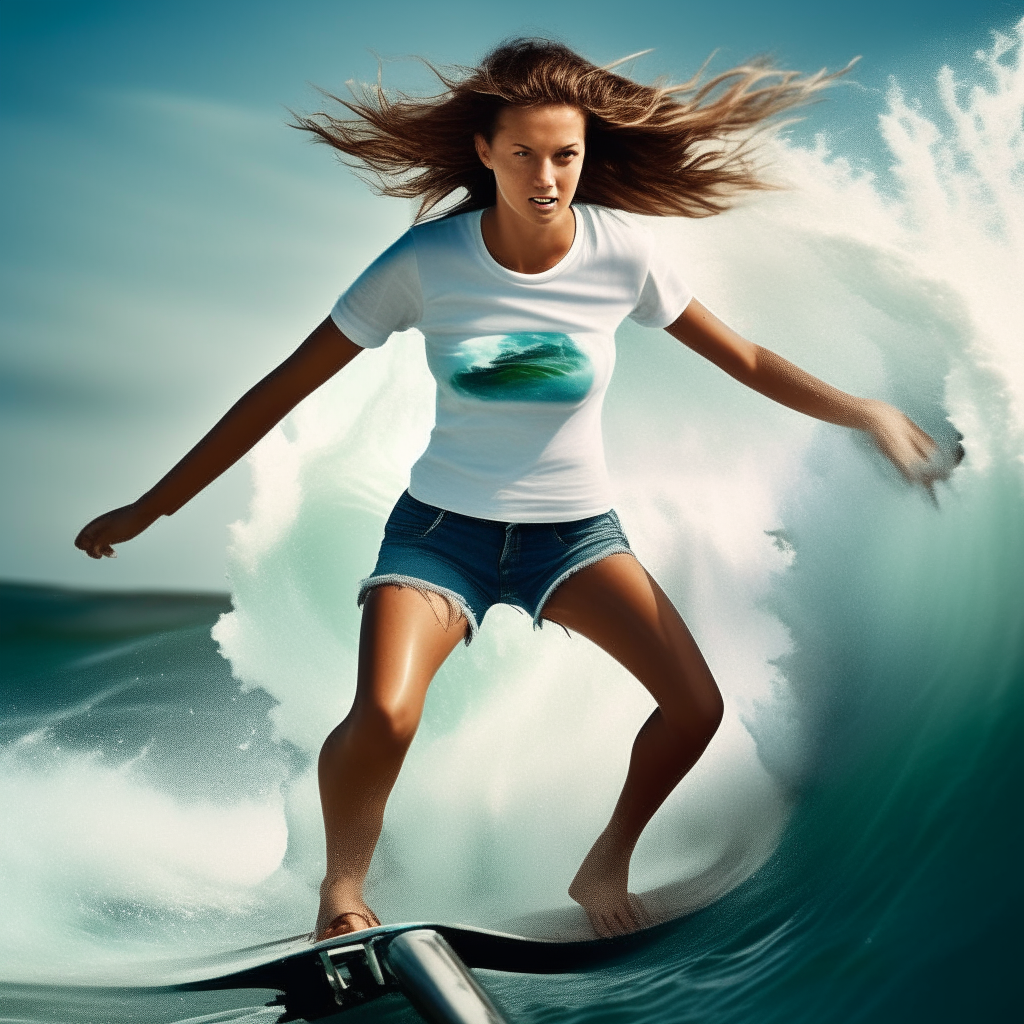 A beautiful female roller skater wearing short shorts and a torn white t-shirt being chased by a hugh ocean wave.