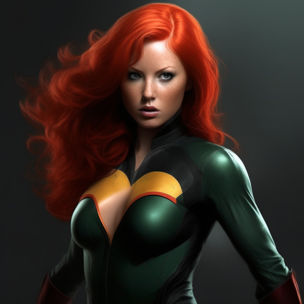  A beautiful superhero redhead female, 38-24-36, wearing a hot looking superhero costume, showing more than it should.