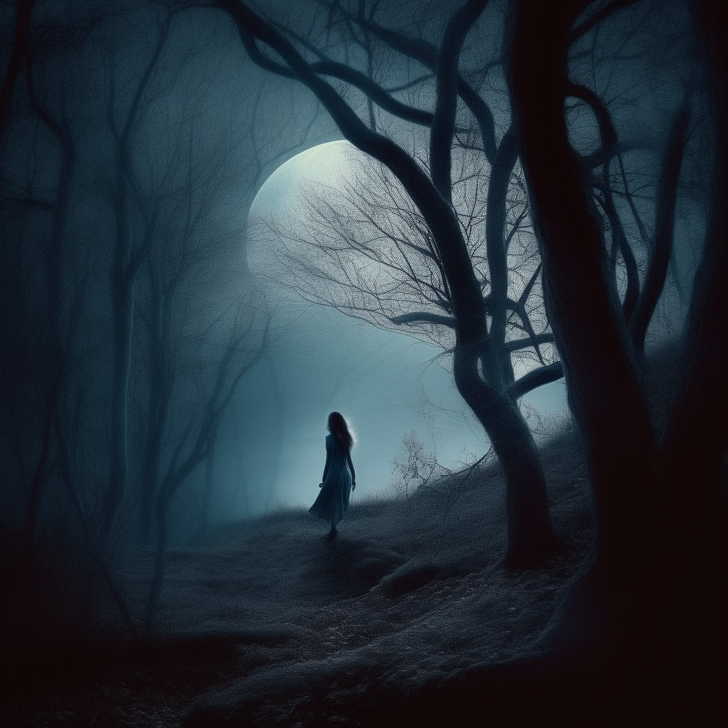 In the moonlit woods where shadows dance
ProfilePeculiarArrangements079

April 15, 2024

v3
In the moonlit woods where shadows dance,
A lone figure takes a fateful chance.
A whispering wind, a chilling sound,
Echoes of footsteps on unhallowed ground.