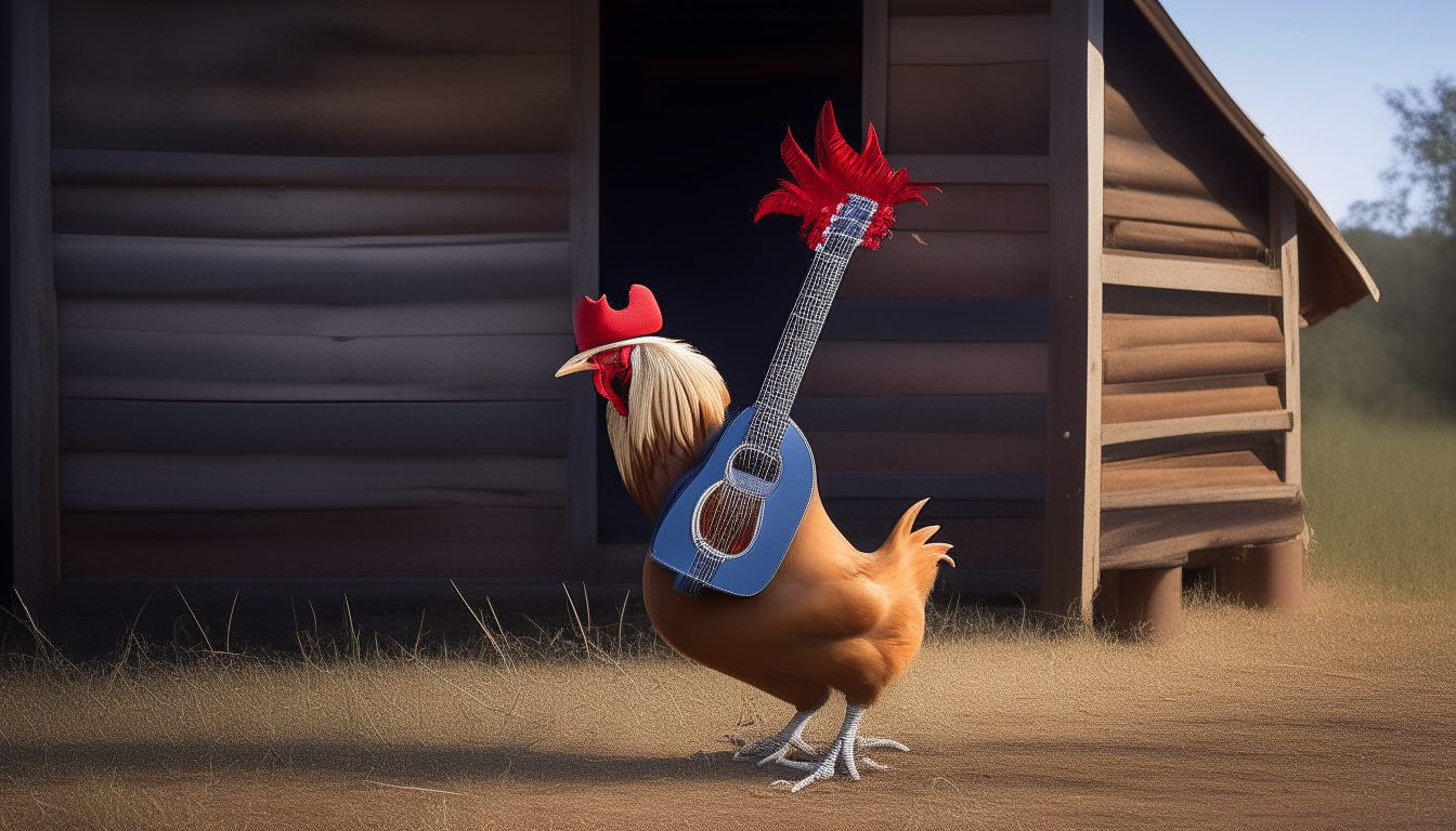 a rooster in a cowboy hat playing a guitar by a barn