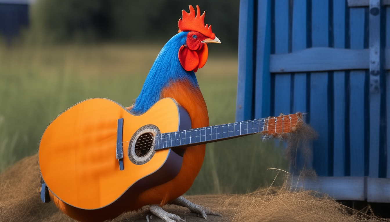 an orange rooster playing a blue guitar on a farm