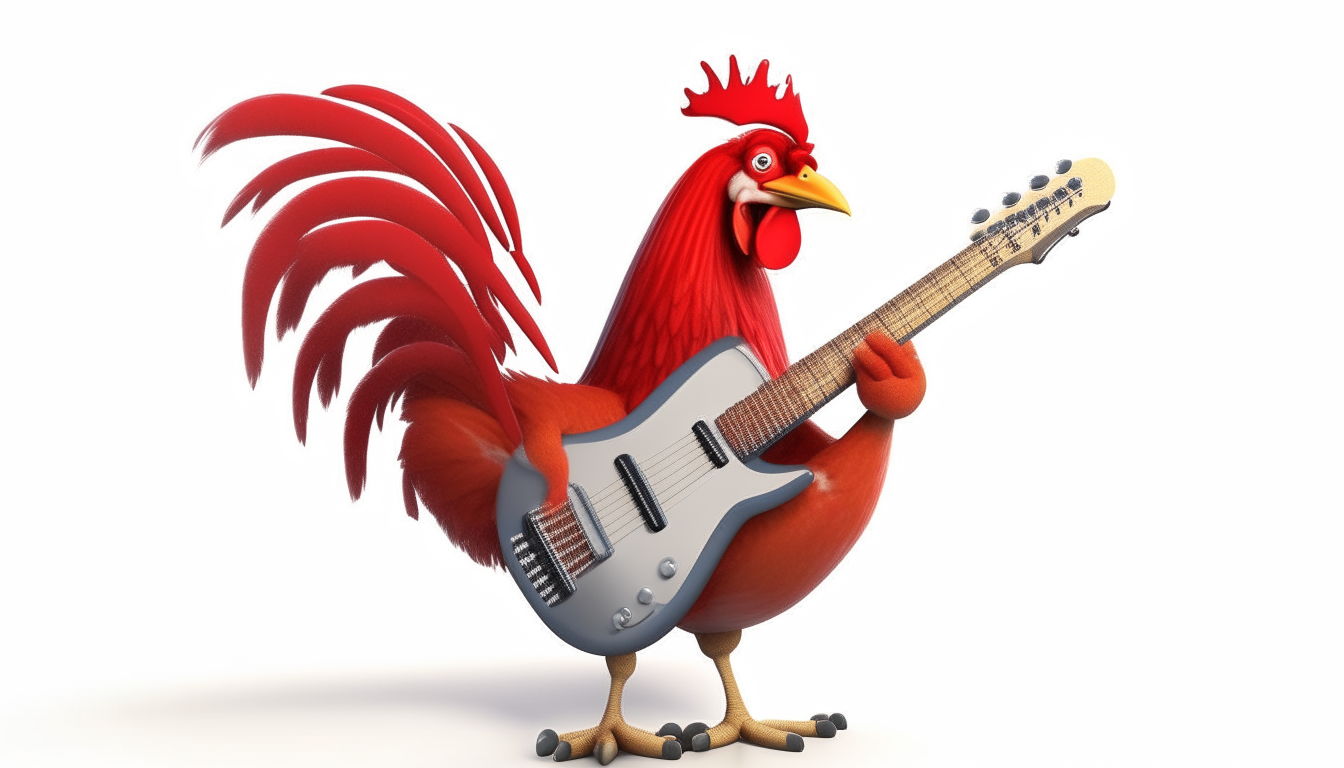a rooster playing rock music on a red electric guitar