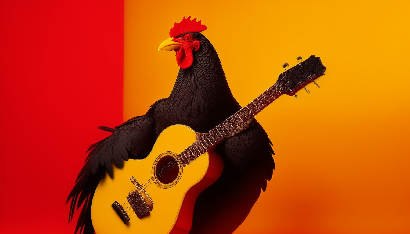 a red rooster with a black guitar against a yellow background
