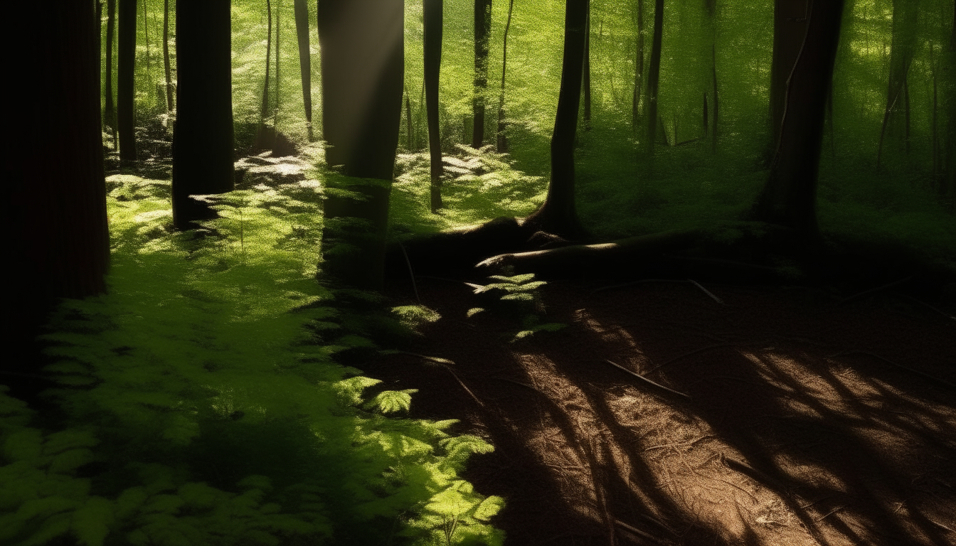 Sunlight filters through the canopy, casting dappled shadows on the forest floor