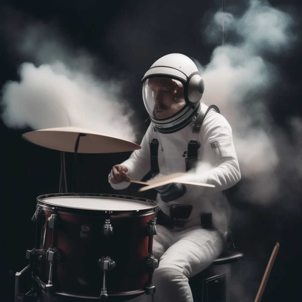 a man with a astronaut helmet playing drums in front of smoke