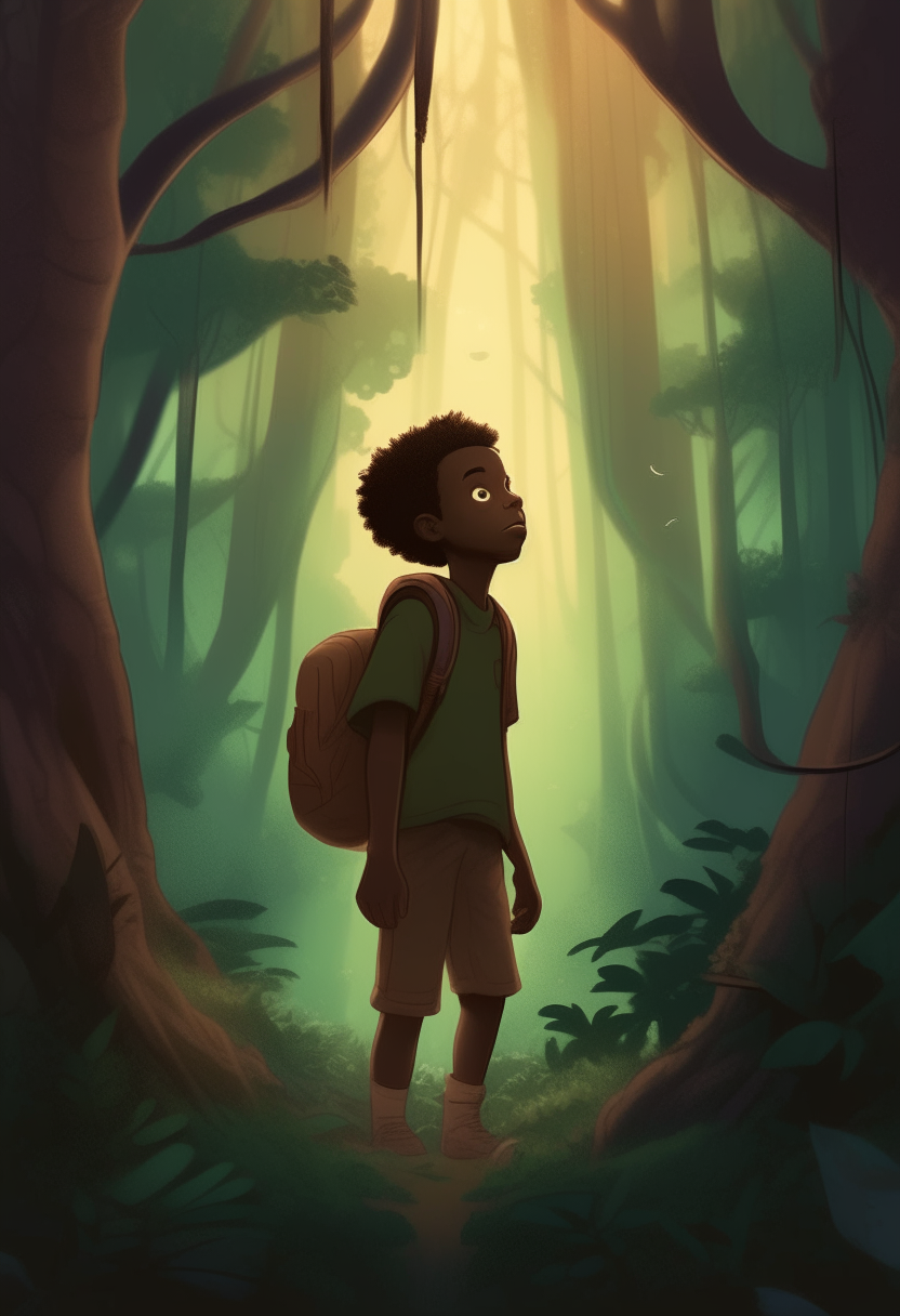 a young black boy is lost in a very big and magical forest