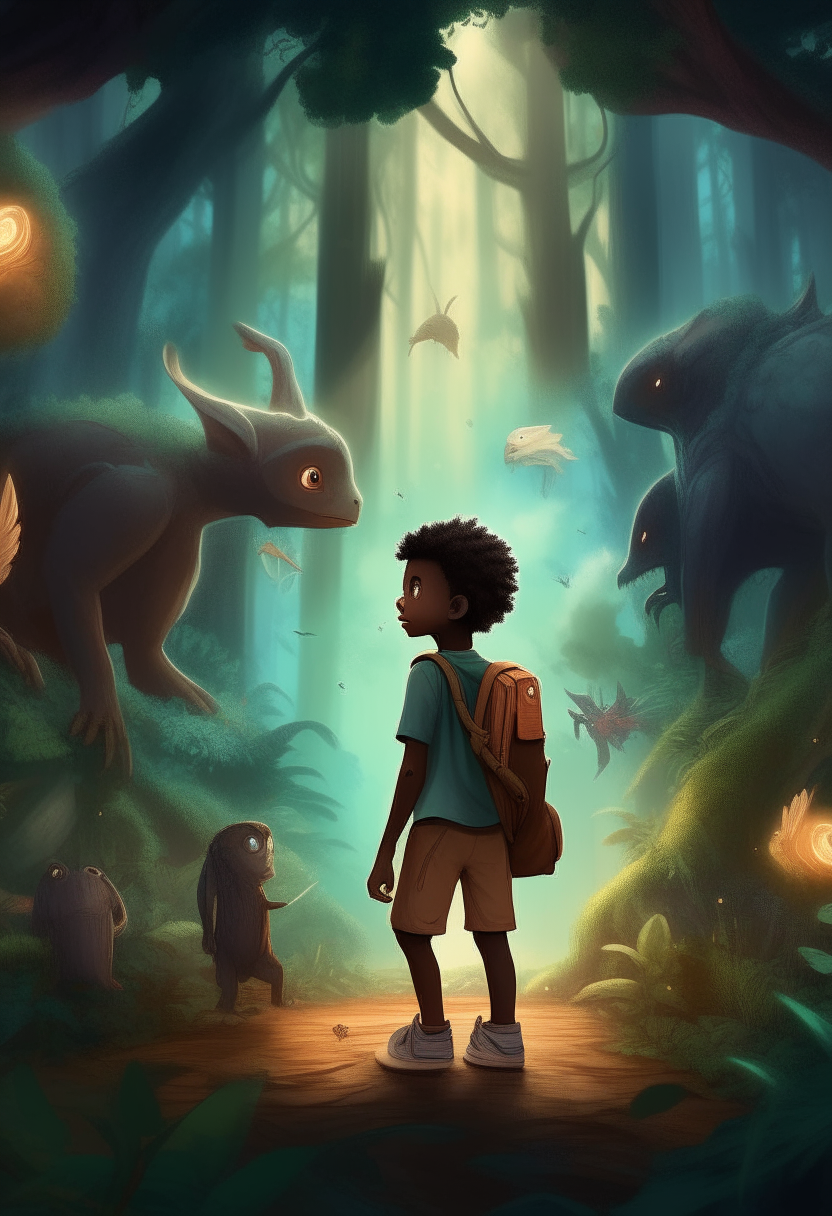 a young black boy is lost in a very big and magical forest with some magical creatures all around him