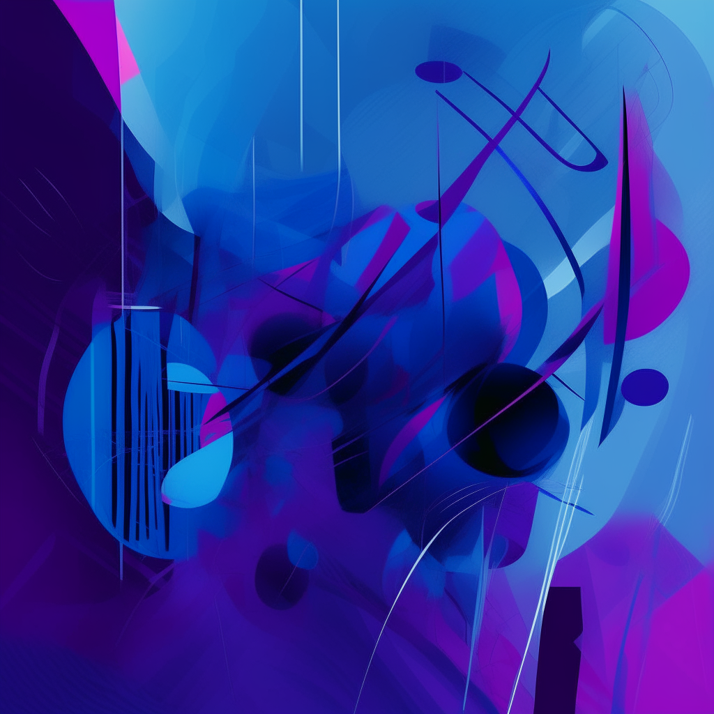 an abstract digital painting of blue and purple shapes and lines, bass music album cover
