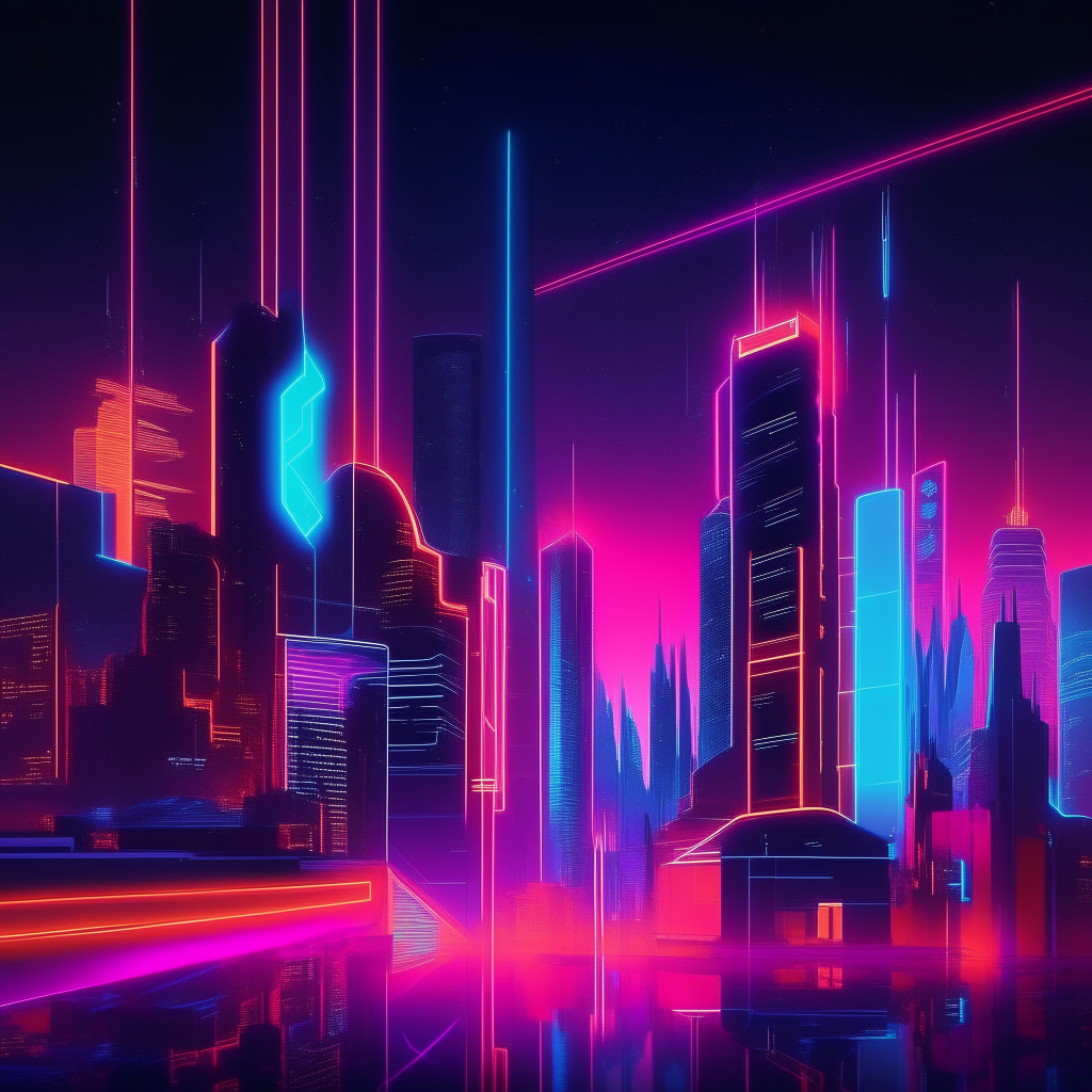 a futuristic cityscape with neon lights, bass music album cover
