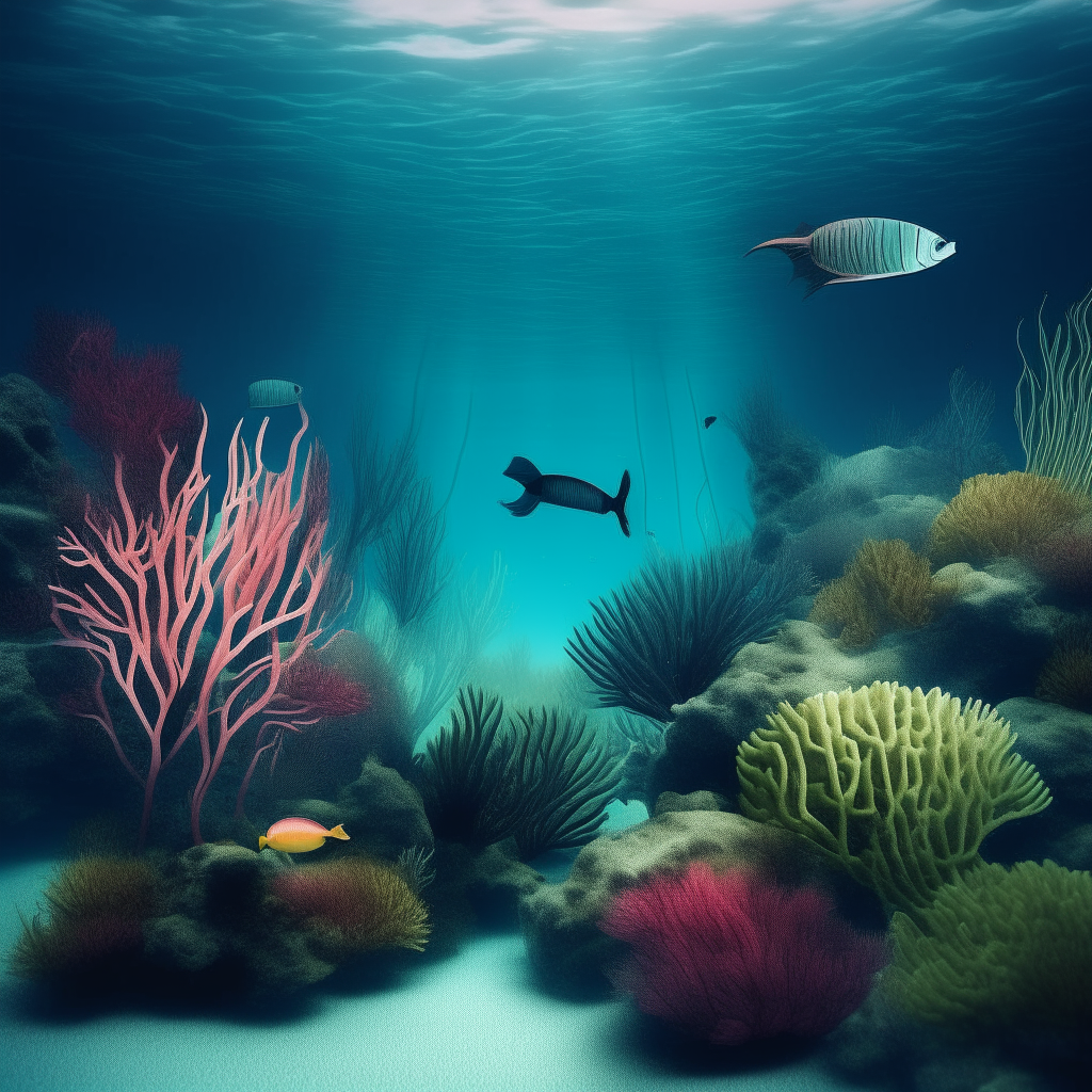 an underwater scene with fish and coral, bass music album cover