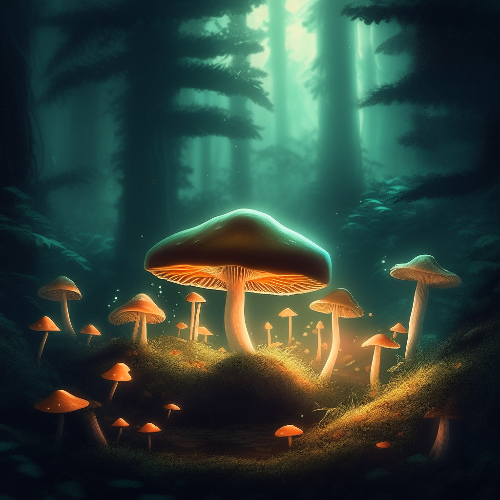 a forest scene with glowing mushrooms, bass music album cover