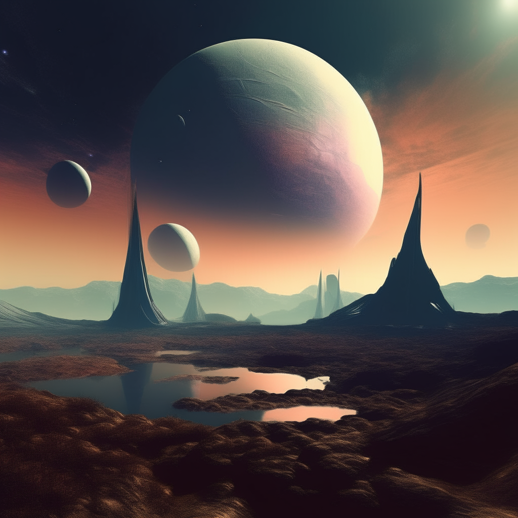 an alien planet landscape with two moons, bass music album cover