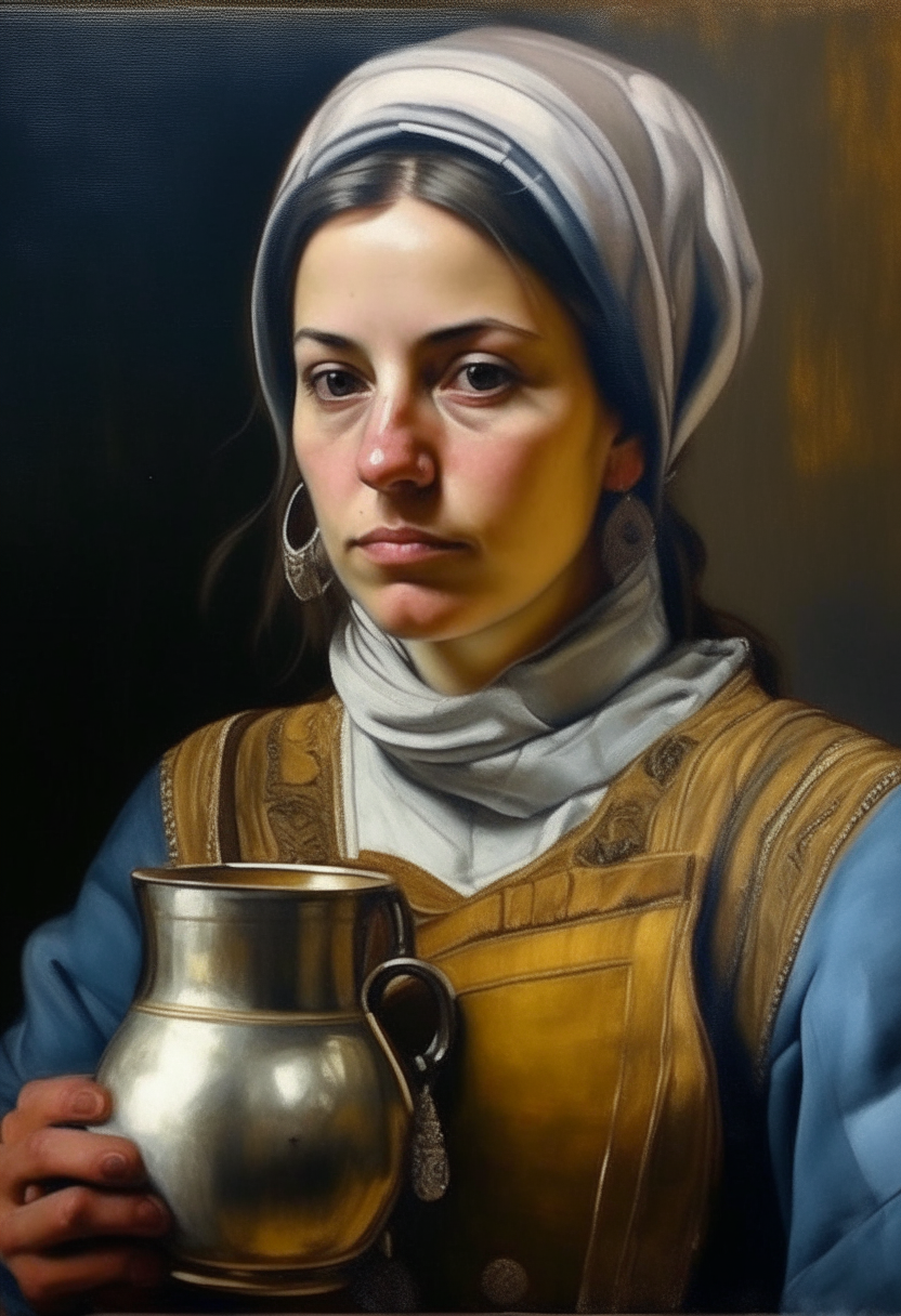 um soldado holandês do século 17 deitado no colo de uma mulher loira sentada em um engenho de cana de açúcar retrato, pintura a óleo