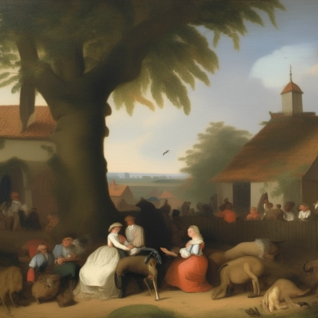 a painting of a village with people, animals and a Dutch soldier from the 17th century laying his head in the lap of a blonde woman in a period dress, sitting together under a tree