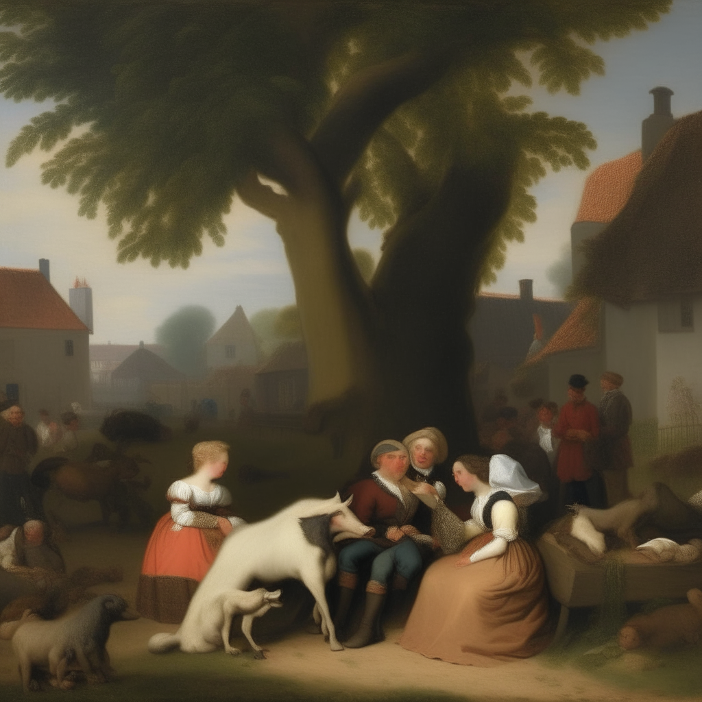 a painting of a village with people, animals and a Dutch soldier from the 17th century wearing armor and laying his head in the lap of a blonde woman in a period dress, sitting together under a tree