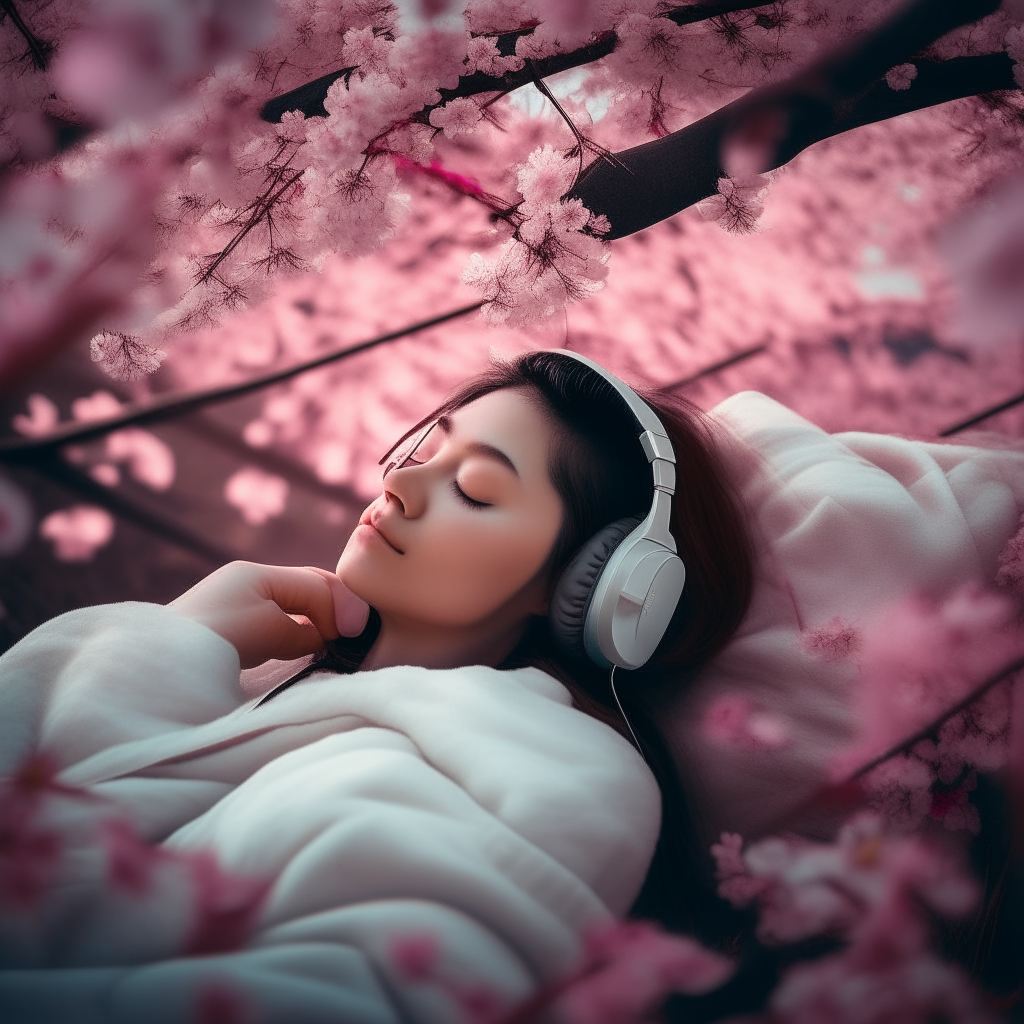 A woman sleeping on a bed amongst a picturesque ganache of cherry blossom tree, with headphones on and a lulling melody for company