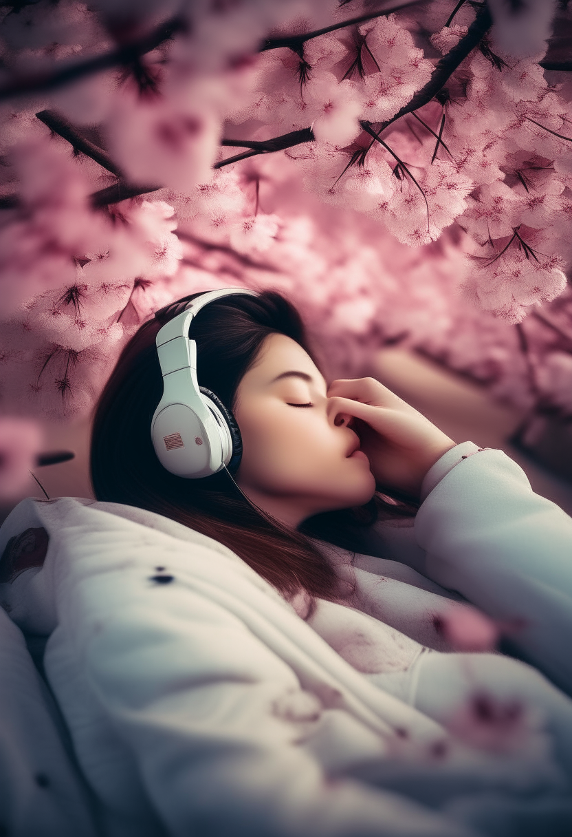 A woman sleeping on a bed amongst a picturesque ganache of cherry blossom tree, with headphones on and a lulling melody for company