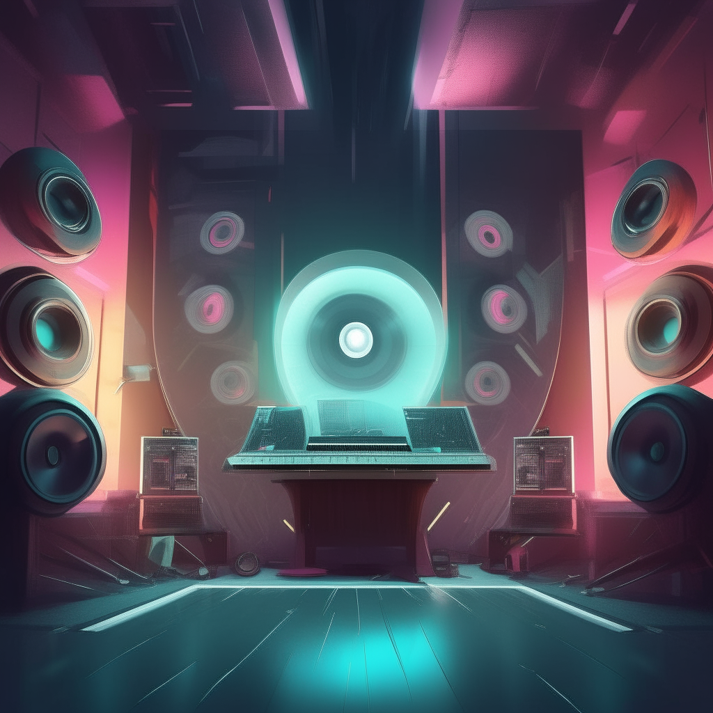 a surreal futuristic music studio with large speakers, highly detailed digital painting, square format